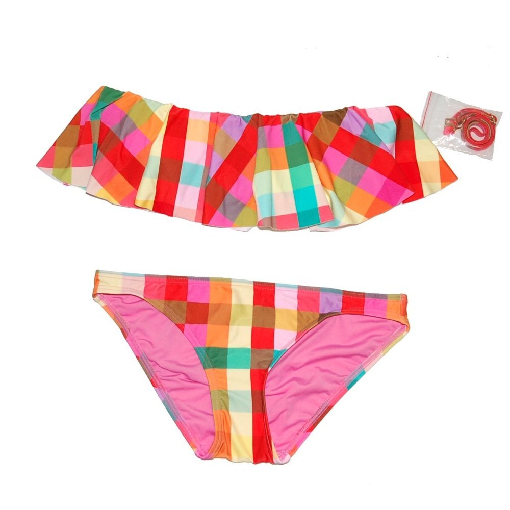 Kate Spade New York Garden Plaid Ruffle Bandeau Top & Bikini Bottom Set XS